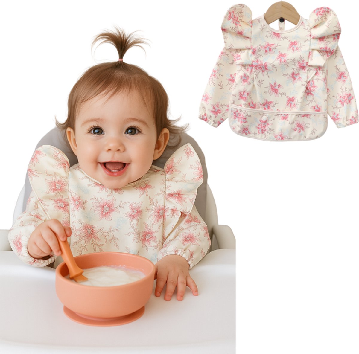 Joya Kids® Slabber Lange Mouwen Wit met Bloemen met Brede Opvangbak | Peuter Kliederschort met Pofmouwen | Verfschort | Schattig Baby Slabbertje Meisje / Schort | Mouwslab | Mouwslabber met Roze Bloemen | Maat M | 12 tot 24 Maanden Oud