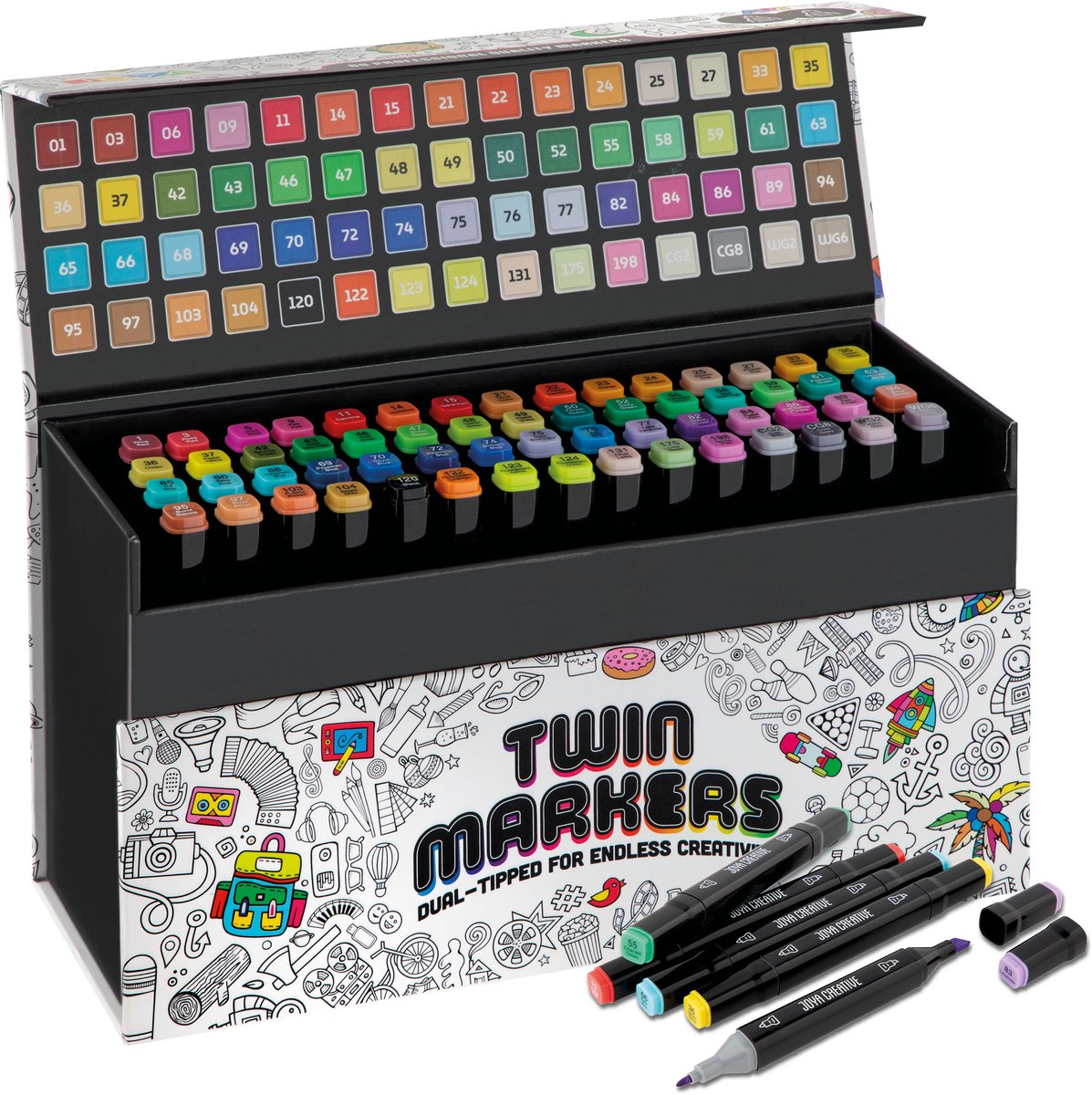 Joya Creative Twinmarkers Set 60 Stuks - Alcohol Markers voor Volwassenen en Kinderen - Dubbelzijdige Stiften met Luxe Opbergkoffer