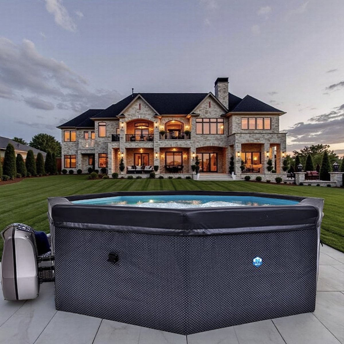 Luxe spa Pro 1000 | Opblaasbare Spa voor 6 Personen | 1000L | Bubbelbad voor Buiten | Achthoekig | Verwarming tot 40°C | 100 Jets | Thermische Afdekking | PVC Halfstijf | Zwart
