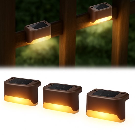 Zelfklevende Zonnelampen - Buitenverlichting Solar - Zelfklevend - Zonne - Zonne Energie Buitenverlichting - Solar Tuinverlichting - Hanglamp Buiten - Muurverlichting - Padverlichting - Ambiance Verlichting Buiten Trap - 4 STUKS - Warm Licht - Bruin