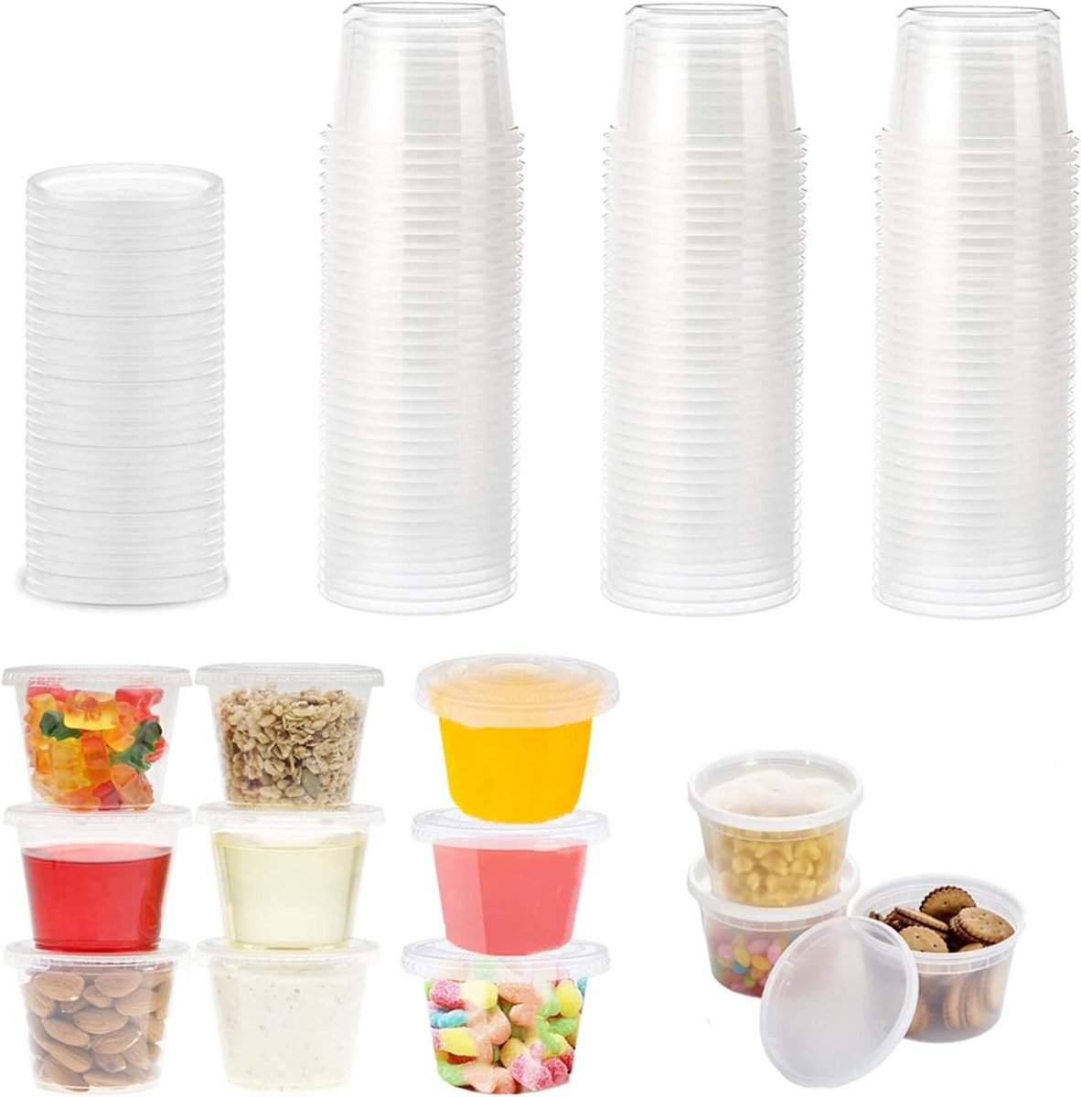 JGS Premium - 50 stuks plastic bakjes - BPA-vrije voedselcontainers - 100 ml - potjes voor saus - lekvrij - afhaalmaaltijden - dips gelei