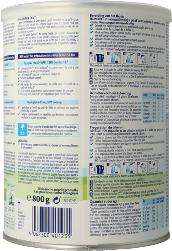 HiPP 1 Bio Combiotik Zuigelingenmelk - 800gr (vanaf de geboorte)