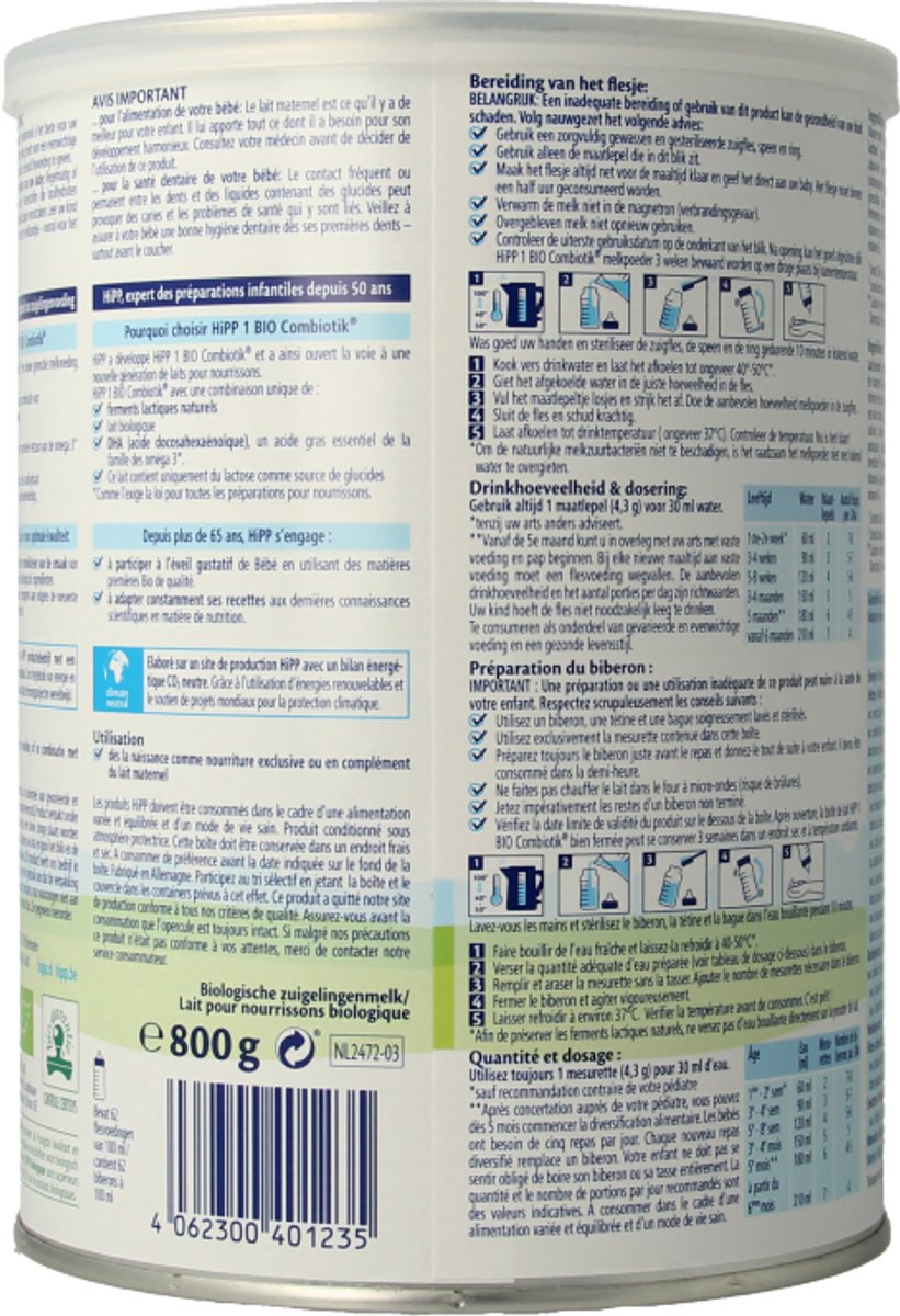 HiPP 1 Bio Combiotik Zuigelingenmelk – 800gr - Afbeelding 2