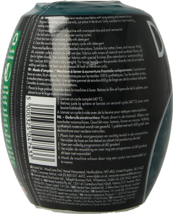 Arrière du pot de teinture textile DYLON avec instructions en anglais, français et néerlandais.
