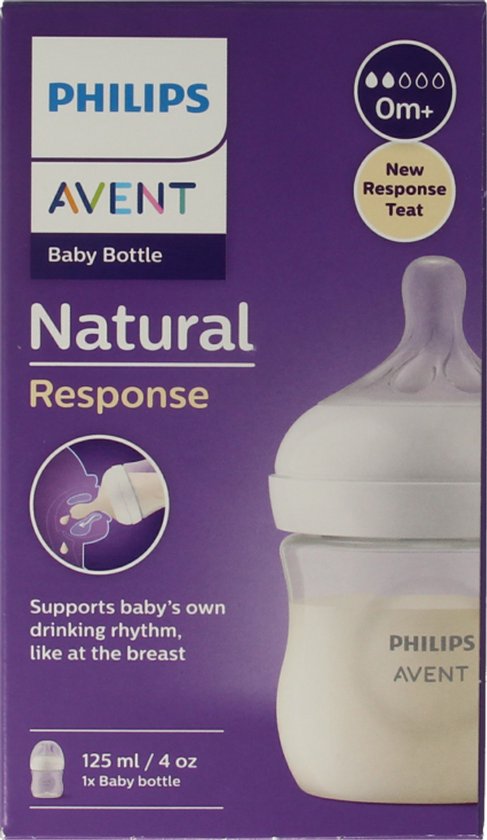 Philips Avent babyfles 125 ml Natural Response met speen 'Newborn' en flow indicator '0m+'.