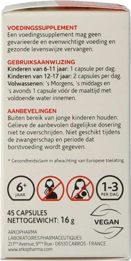 Arkocaps Weegbree doos met tekst, iconen van 6+ jaar, waarschuwing en 1-3 per dag.