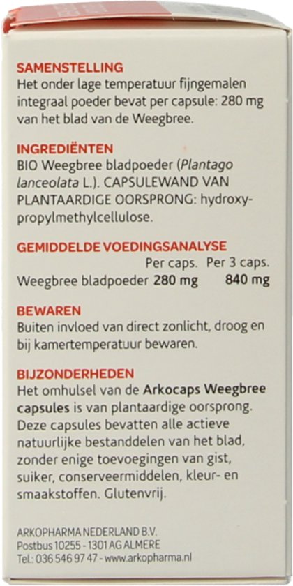 Arkocaps Weegbree doos met samenstelling, ingrediënten, analyse, bewaren en bijzonderheden.
