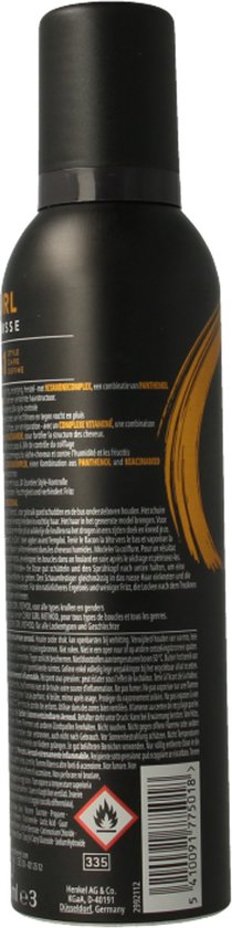 Zwarte spuitbus met gele en witte tekst, 'CURL MOUSSE 3IN1 STYLE CARE DEFINE'. Zijaanzicht.