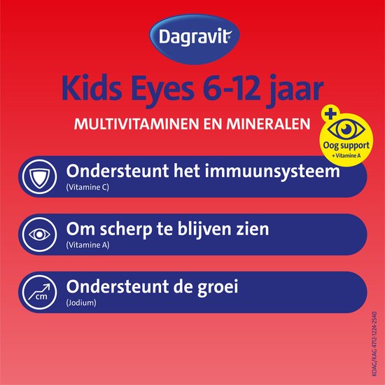 Dagravit Kids Eyes Multivitaminen met oogsupport - Multivitamine met vitaminen en mineralen - Met o.a. vitamine C en vitamine A ( luteïne) - Glutenvrij en lactosevrij - Bessensmaak - Spongebob - Leeftijd 6-12 jaar - 60 gummies