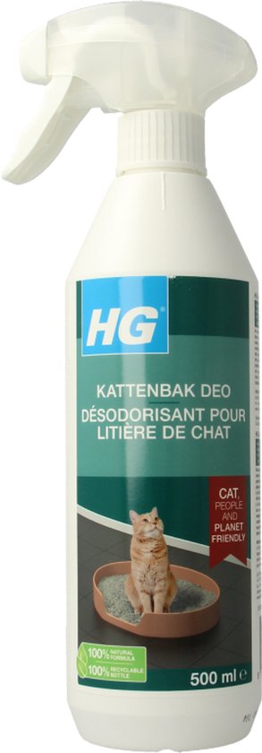Witte HG sprayfles, met 'HG Kattenbak Deo Désodorisant Pour Litière de Chat' en een kat op een kattenbak.