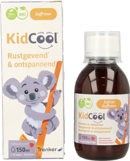 Doos en bruine fles met KidCool logo, koala, "100% Natuurlijk BIO Saffraan", 150ml frambozensmaak.
