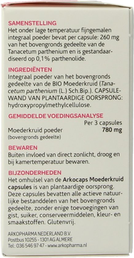 Zijkant van Arkopharma Moederkruid doosje met ingrediënten en gebruiksinformatie.