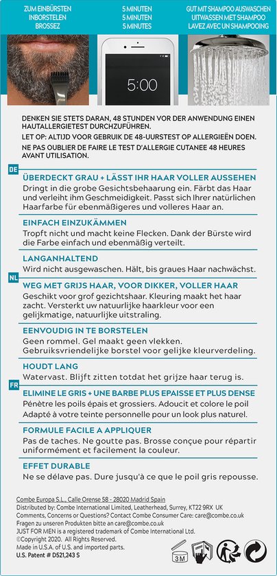 Vooraanzicht van de verpakking van Just For Men met afbeeldingen van baard vóór en na gebruik, telefoon met timer, en douchekop.
