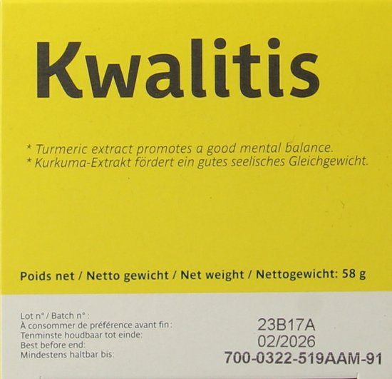 Gele doos met de tekst Kwalitis, "Turmeric extract promotes a good mental balance.", en "Net weight: 58 g".
