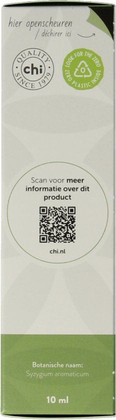 Kartonnen verpakking met groene en witte patronen, merklogo en tekst 'hier openscheuren / déchirer ici'.
