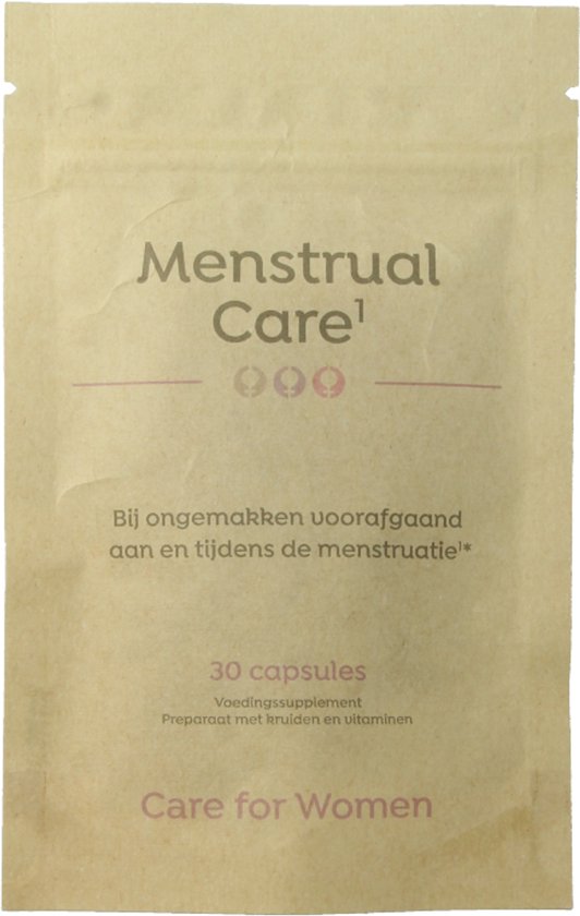 Bruine papieren zak met tekst 'Menstrual Care', '30 capsules', 'Voedingssupplement', 'Preparaat met kruiden en vitaminen' en 'Care for Women'.