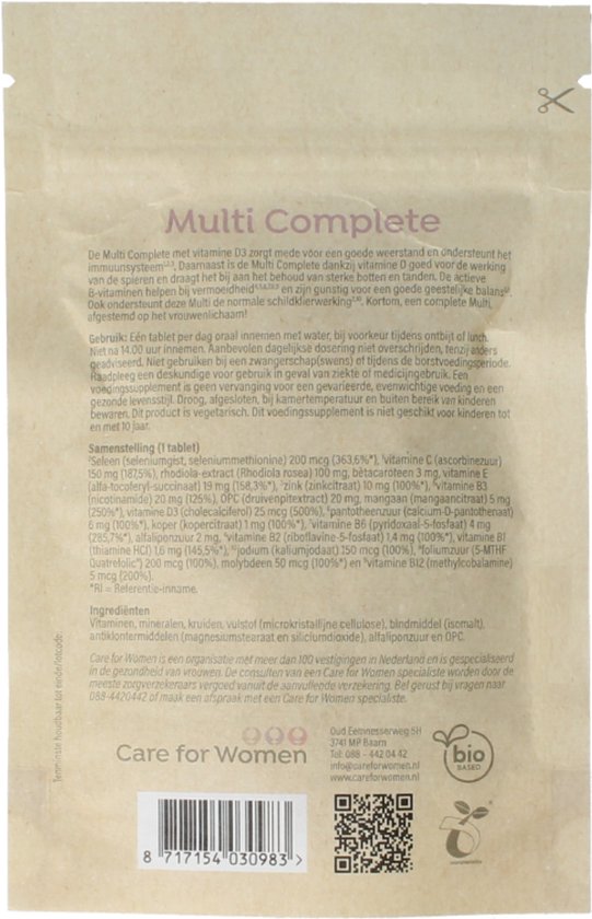 Care for Women Multi Complete: Achterkant bruine papieren zak met ingrediënten en informatie.