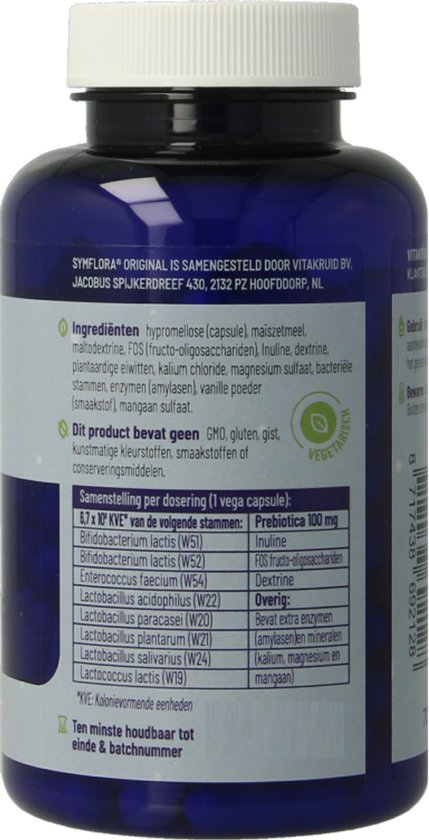 Achterkant van een donkerblauwe pot met 90 vega capsules. Met ingrediëntenlijst en samenstelling.