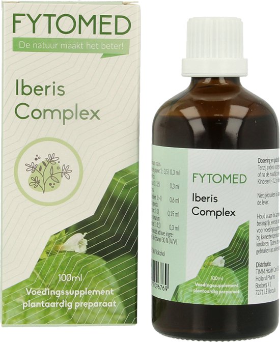 Fles en doos FYTOMED Iberis Complex 100ml. Groene bladeren, witte bloem en plantenillustratie.