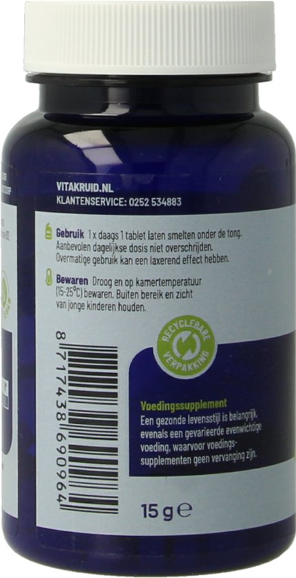 Blauwe pot met witte dop. Op het etiket staat informatie over gebruik en bewaren, een recycle-icoon en 15 g.
