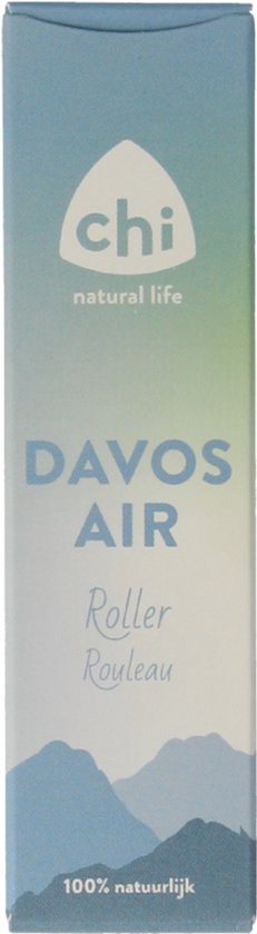 Doos met Chi Davos Air roller. Blauwe bergen op de voorkant. 100% natuurlijk.