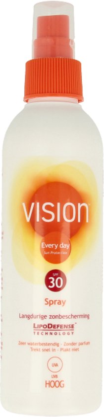 Witte sprayfles met oranje dop. Het label toont een zonsopgang-logo, 'Every day Sun Protection', SPF 30, 'Spray', 'Langdurige zonbescherming' en 'LipoDefense TECHNOLOGY'.