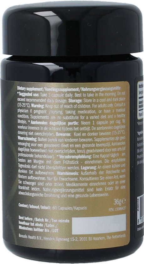 Zwarte pot met productinformatie en ingrediëntenlijst in verschillende talen. Bevat 60 capsules.