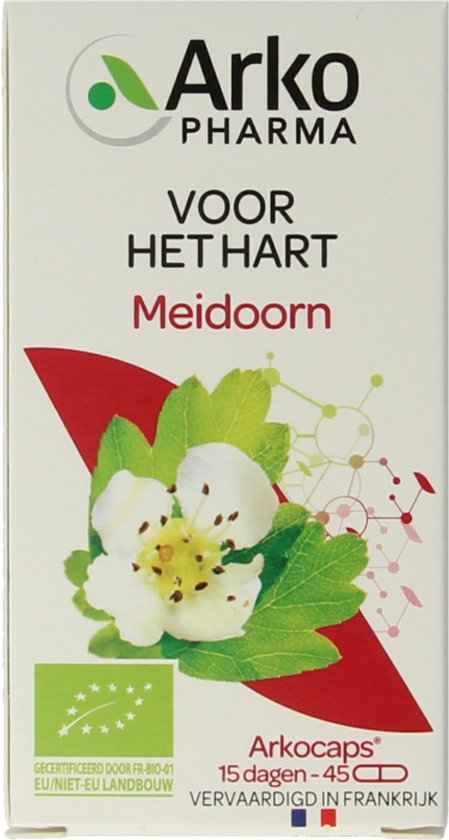 Verpakking Arkopharma Meidoorn, 'voor het hart', met biologische bloem en bladeren.