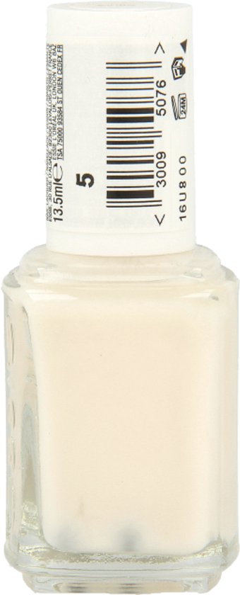 Achterkant van een flesje lichtroze Essie nagellak met witte dop en barcode.