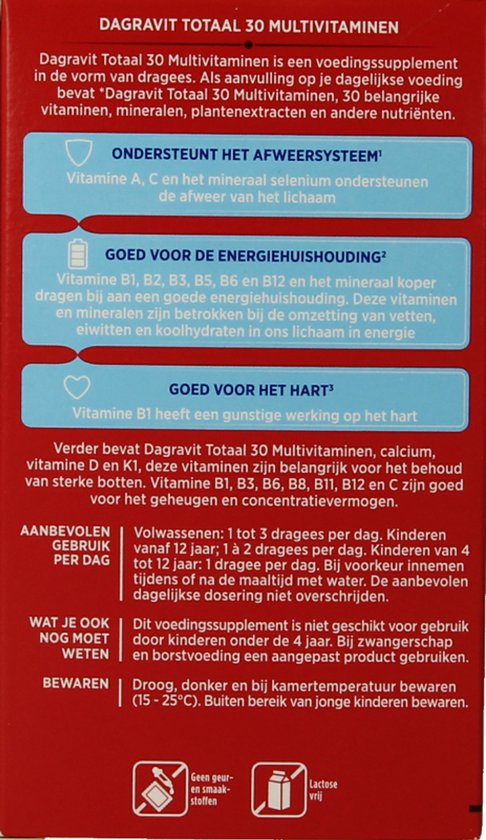 Rode doos met informatie over Dagravit Totaal 30 Multivitaminen.
