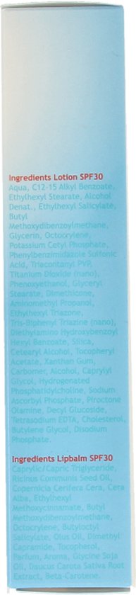 Ingrediëntenlijst voor de Vision Ski & Sport zonnebrandlotion en lippenbalsem.