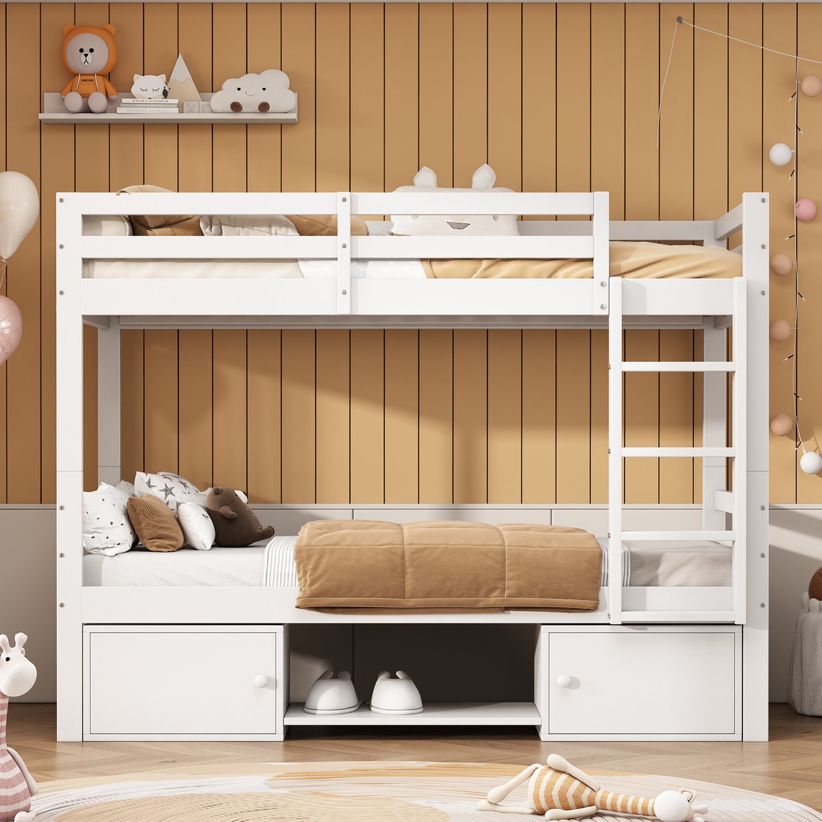 Merax Stapelbed - kinderbed met schoenenrek en kluisjes - 2 eenpersoonsbedden - jeugdbed - eenpersoonsbed - wit - 90x200 cm - zonder matras