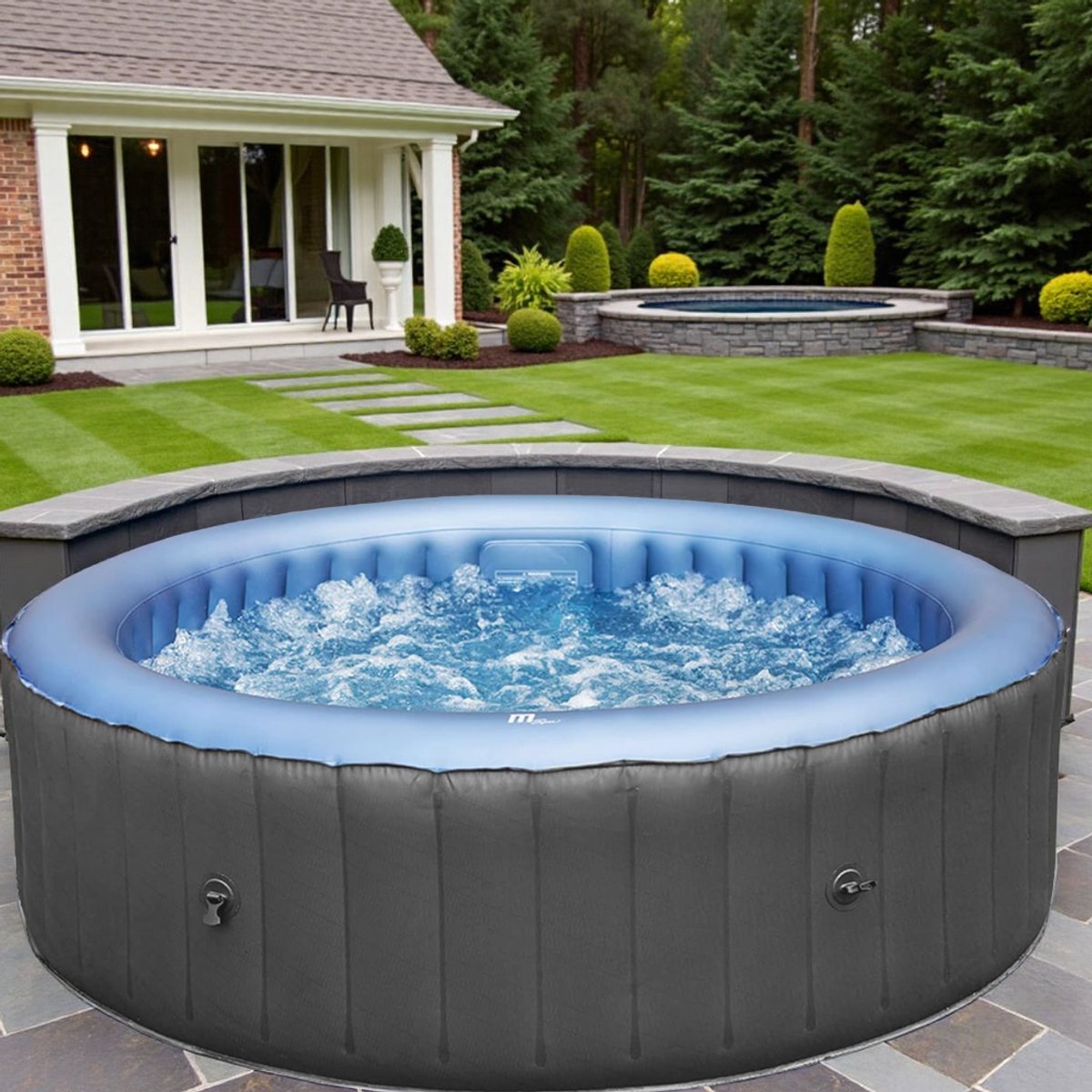 Opblaasbare Ronde Spa Tropica Azure – 6 tot 8 Personen – Verwarmde Jacuzzi met 138 Massagestralen – Afstandsbediening, Isolerende Afdekking & Patroonfiltratie – Luxe Wellness voor Binnen en Buiten – Antraciet / Blauw
