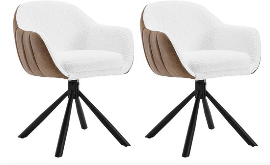 Chaises de salle à manger Varnox - Chaises de table à manger - Chaises - Chaise pivotante - Chaise de salle à manger - Fauteuil - Chaise - Teddy - Tissu Teddy - Bouclé - Cuir synthétique - Lot de 2 - Pivotant à 360 degrés - Wit - Marron - Pieds noirs