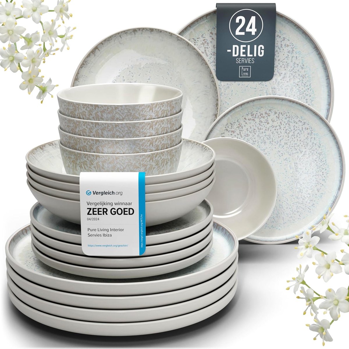 Pure Living 24-Delig Serviesset - Beige - Massief Aardewerk - 6 Personen - Geschikt Voor Dagelijks Gebruik - Ibiza Light