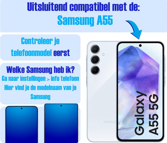 Screenprotector "Alleen compatibel met: Samsung A55". "Controleer uw telefoonmodel eerst". "Welke Samsung heb ik?".
