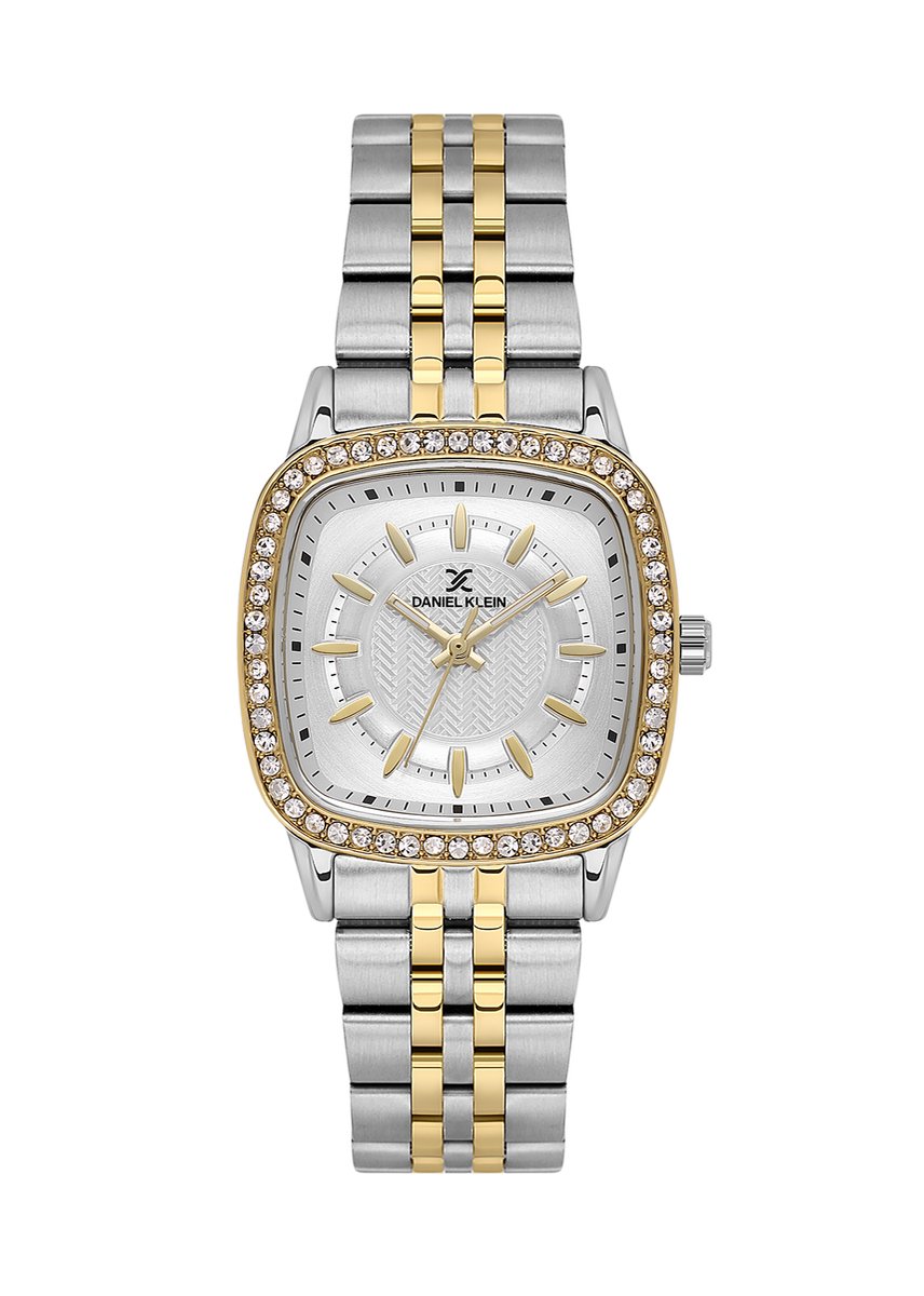 Daniel Klein DK.1.13944-4 - Horloge - Polshorloge - Analoog - Dames - Vrouwen - Stalen band - Afgerond vierkant - Metaal - Streepjes - Zilverkleurig - Briljant Goudkleurig - Wit