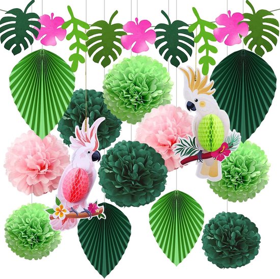 JGS Premium - Feestdecoraties Tuinfeest Groene Bladeren Zomerfeest - Verjaardagsdecoraties Hawaiiaanse Tafeldecoraties Papegaai Caribische Decoratie Pom Pom Zwembadfeest - 15 Stuks