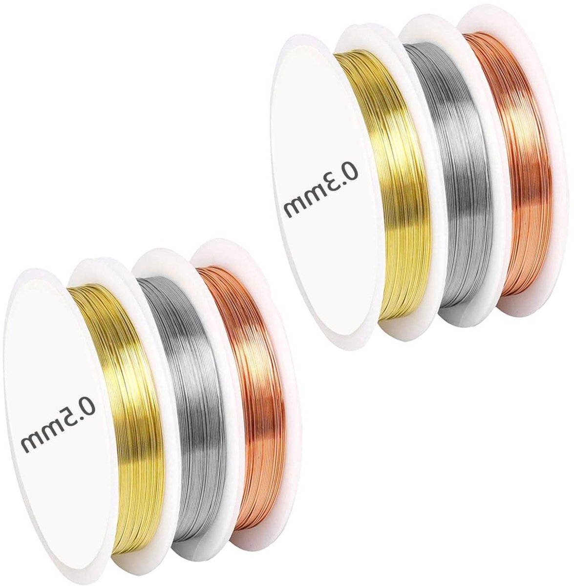 JGS Premium - Sieraden DIY set met 6 rollen dun knutseldraad voor sieraden en modelbouw - koperdraad - pareldraad - goud/zilver - 15 m/rol - 0.3 mm en 55 m/rol - 0.5 mm