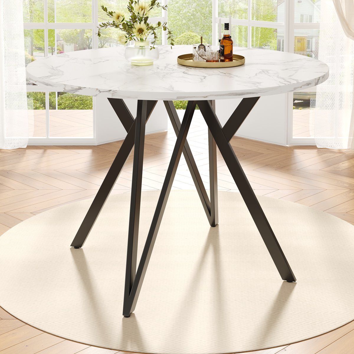 SINGULARITY Ronde eettafel (100x100x76 cm)-4 personen-Ronde salontafel-Metalen poten-MDF-Zwart