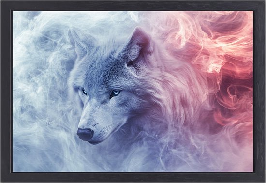 Mystieke wolf in rookwolk - Wolf portret - Schilderij op canvas dieren - Hyperrealisme - Schilderij op canvas met baklijst - Klassieke schilderijen - canvas met baklijst 150x100 cm
