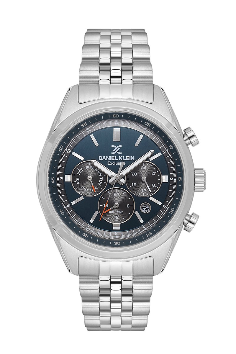 Daniel Klein DK.1.13976-3 - Horloge - Polshorloge - Analoog - Mannen - Heren - stalen band - Rond - Metaal - Streepjes - Datumaanduiding - 12-24 - Dualtime - Chrono - Zilverkleurig - Donkerturkoois - Zwart - Rood