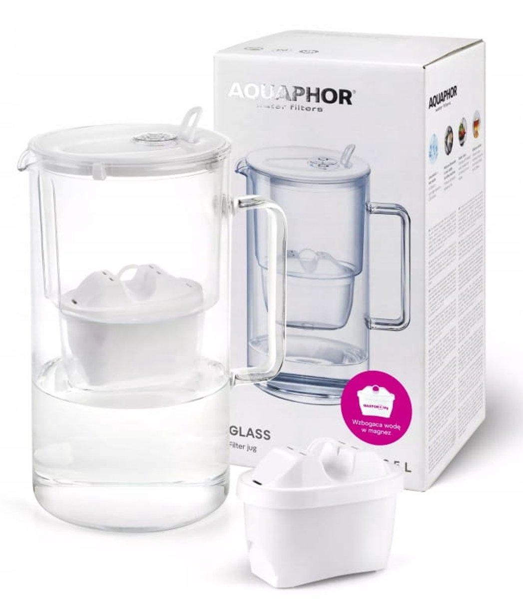 Aquaphor Glass - Waterfilterkan - 2,5 Liter - Glas - Inclusief 1x Maxfor+ Mg Filter - Flip-top Deksel - Wit