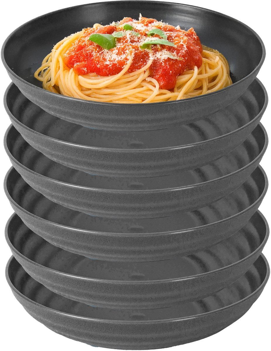 Plasticforte Rond bord/camping - 6x - diep bord - D19 x H4.5 cm - zwart - kunststof - soepborden - onbreekbaar servies