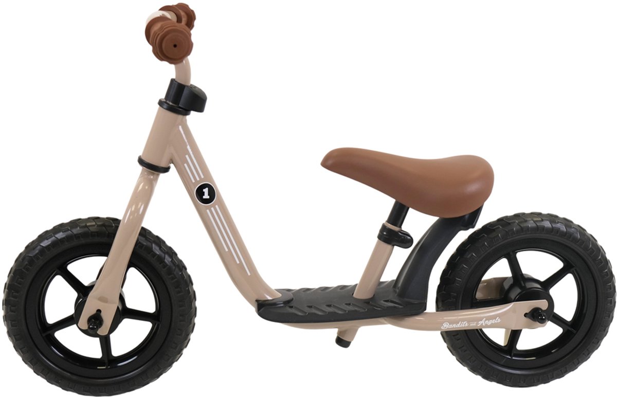 Bandits & Angels Metalen Loopfiets Starter Sand Beige met Voetenplank vanaf 2 Jaar - Limited Edition - Beige Loop Fiets - Verstelbaar Zadel 29 tot 39 cm - Voor Jongens en Meisjes - Compact en Veilig - Lage Instap met Voetenplank