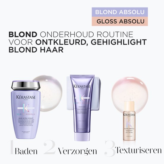 Kérastase Blond Absolu Duo + Cadeau - Neutraliserende Zilvershampoo 250ml & Conditioner 250ml + Glaze Drops 15ml Cadeau – Ontkleurd en gehighlight blond haar