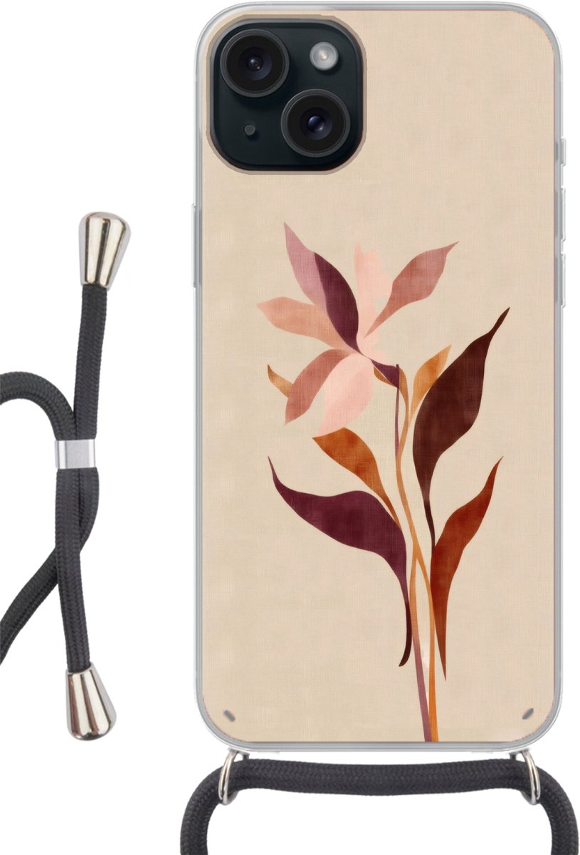 Telefoonhoesje Geschikt voor iPhone 15 Plus - Bloemen - Blaadjes - Minimalistisch - Roze - Siliconen - Crossbody - Backcover met Koord - Telefoonhoesje met koord - Hoesje met touw Telefoonhoesje