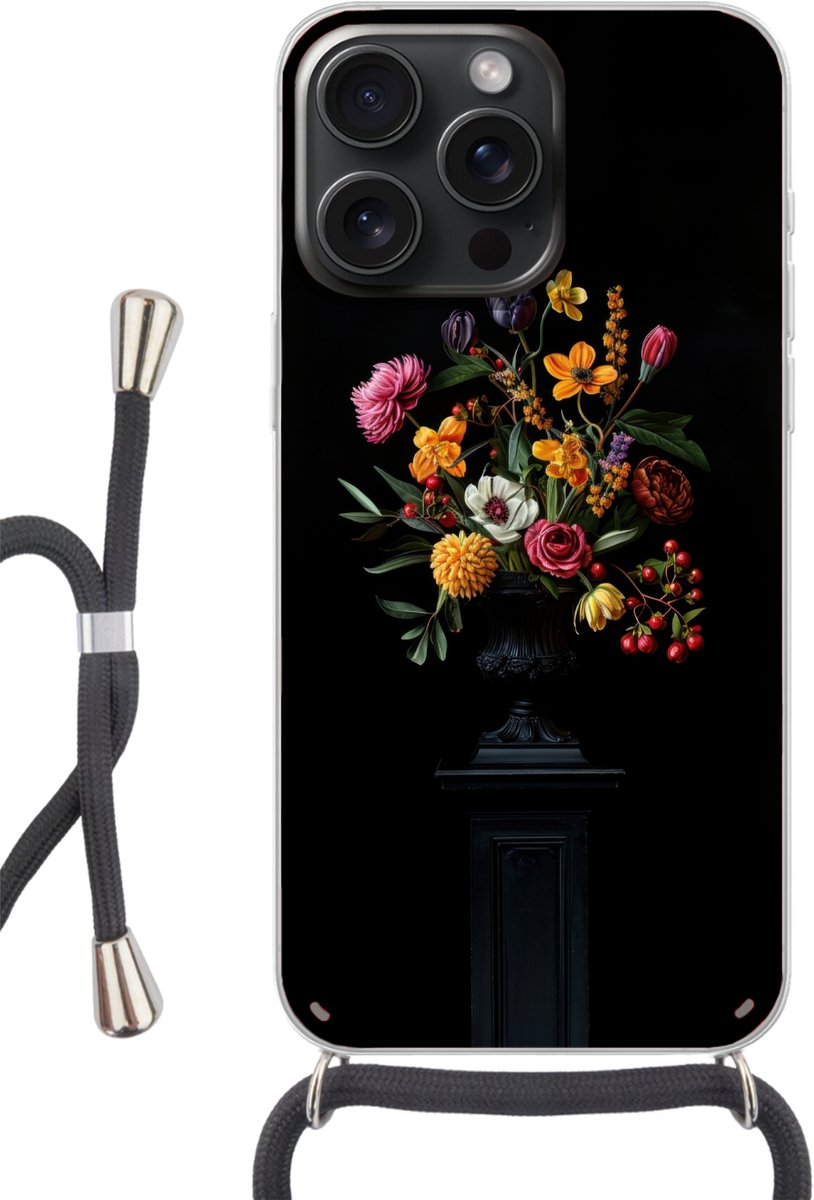 Telefoonhoesje Geschikt voor iPhone 15 Pro Max - Sierlijk - Boeket - Bladeren - Siliconen - Crossbody - Backcover met Koord - Telefoonhoesje met koord - Hoesje met touw Telefoonhoesje
