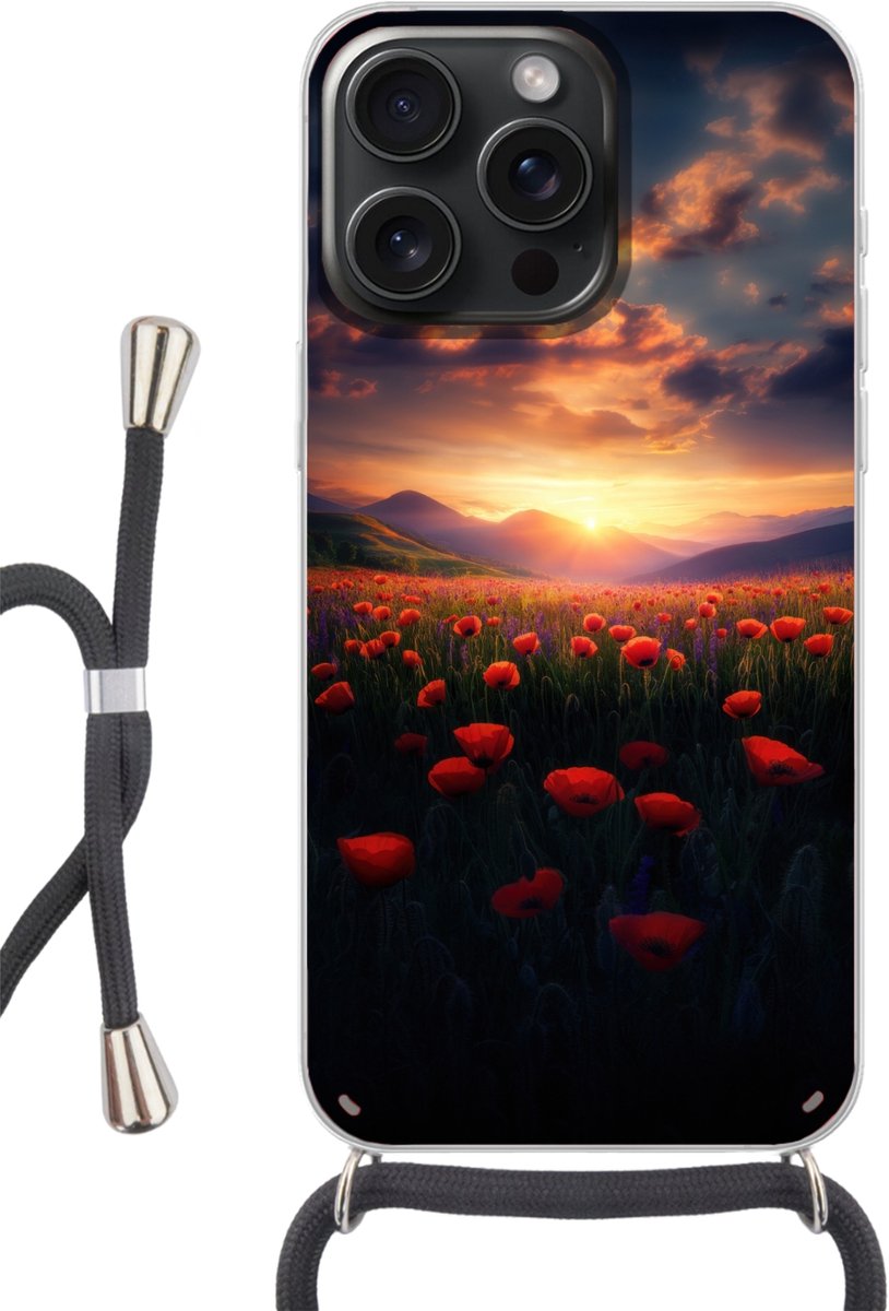 Telefoonhoesje Geschikt voor iPhone 15 Pro Max - Landschap - Zonsondergang - Bloemenveld - Siliconen - Crossbody - Backcover met Koord - Telefoonhoesje met koord - Hoesje met touw Telefoonhoesje