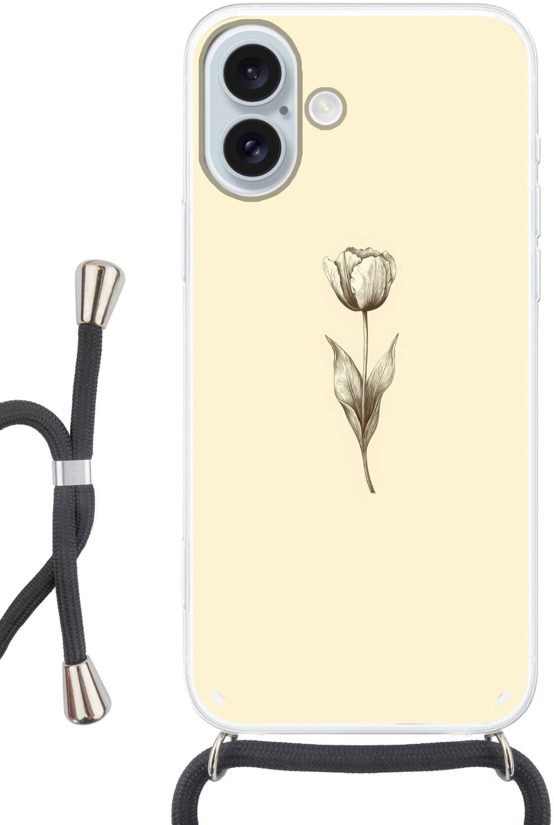 Telefoonhoesje Geschikt voor iPhone 16 Plus met koord - Illustratie - Tulp - Zwart - Siliconen - Crossbody - Backcover met Koord - Telefoonhoesje met koord - Hoesje met touw Telefoonhoesje